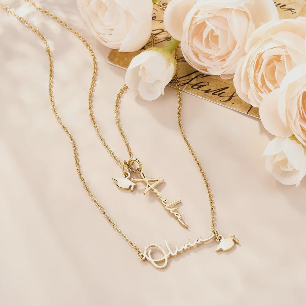 Dainty Graduation Cap Necklace with Name