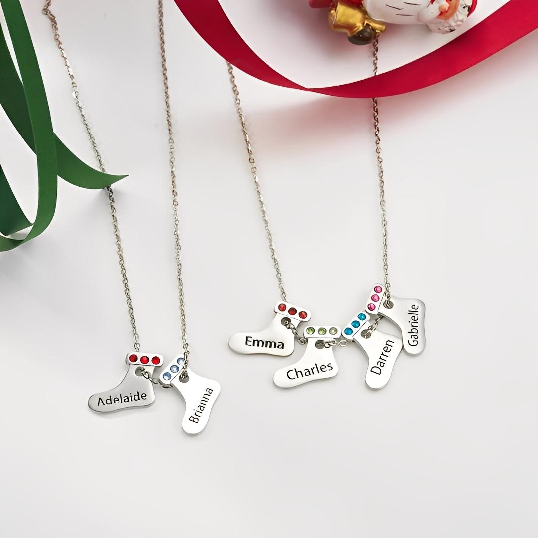 Custom Holiday Stocking Charms Necklace with Birthstone & Name