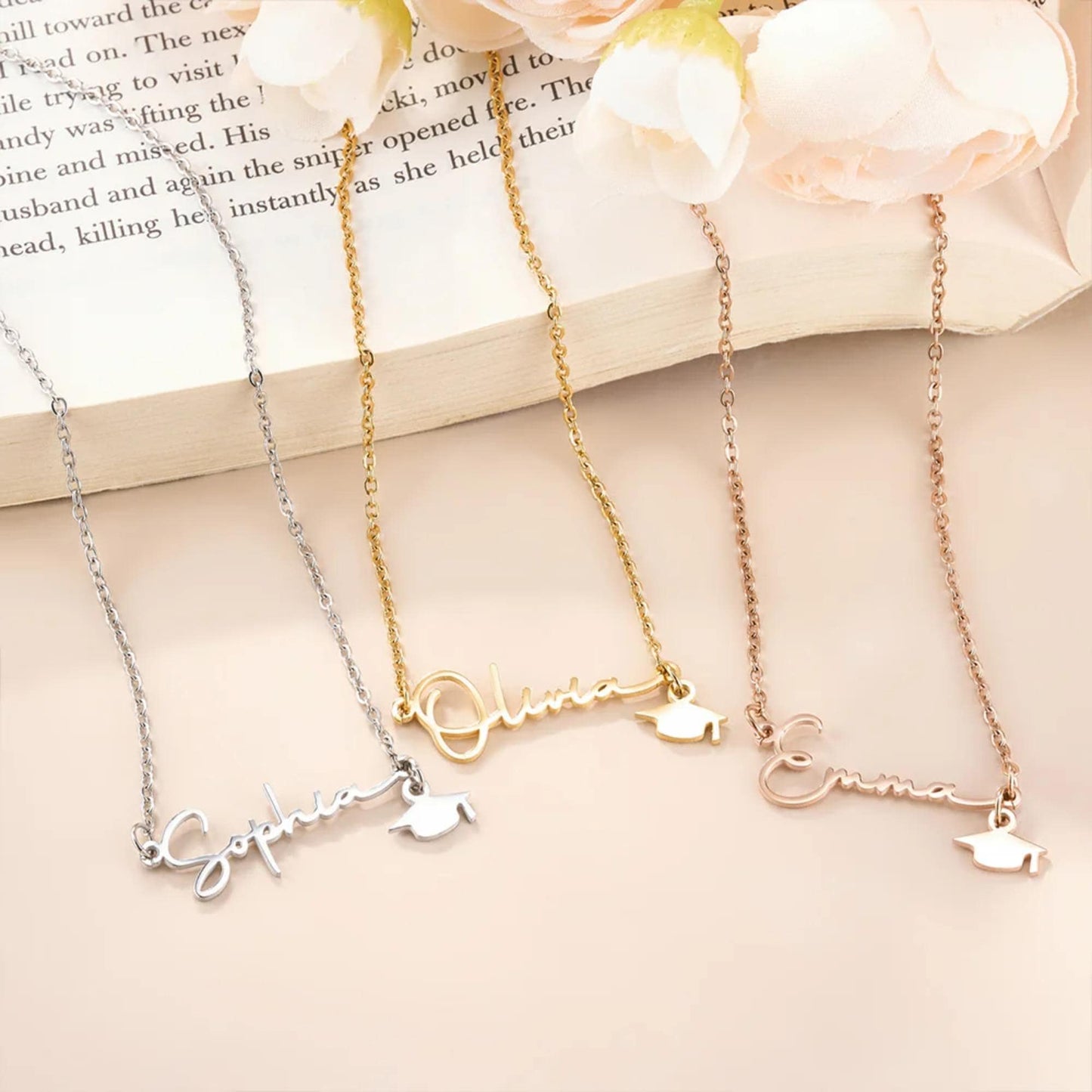 Dainty Graduation Cap Necklace with Name