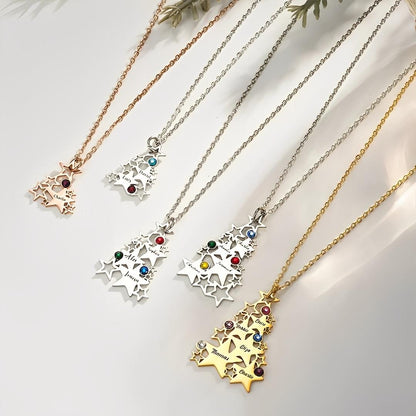 Custom Christmas Tree Necklace with Birthstones & Names