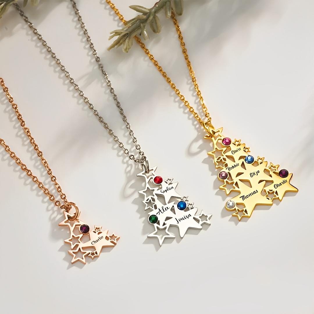 Custom Christmas Tree Necklace with Birthstones & Names