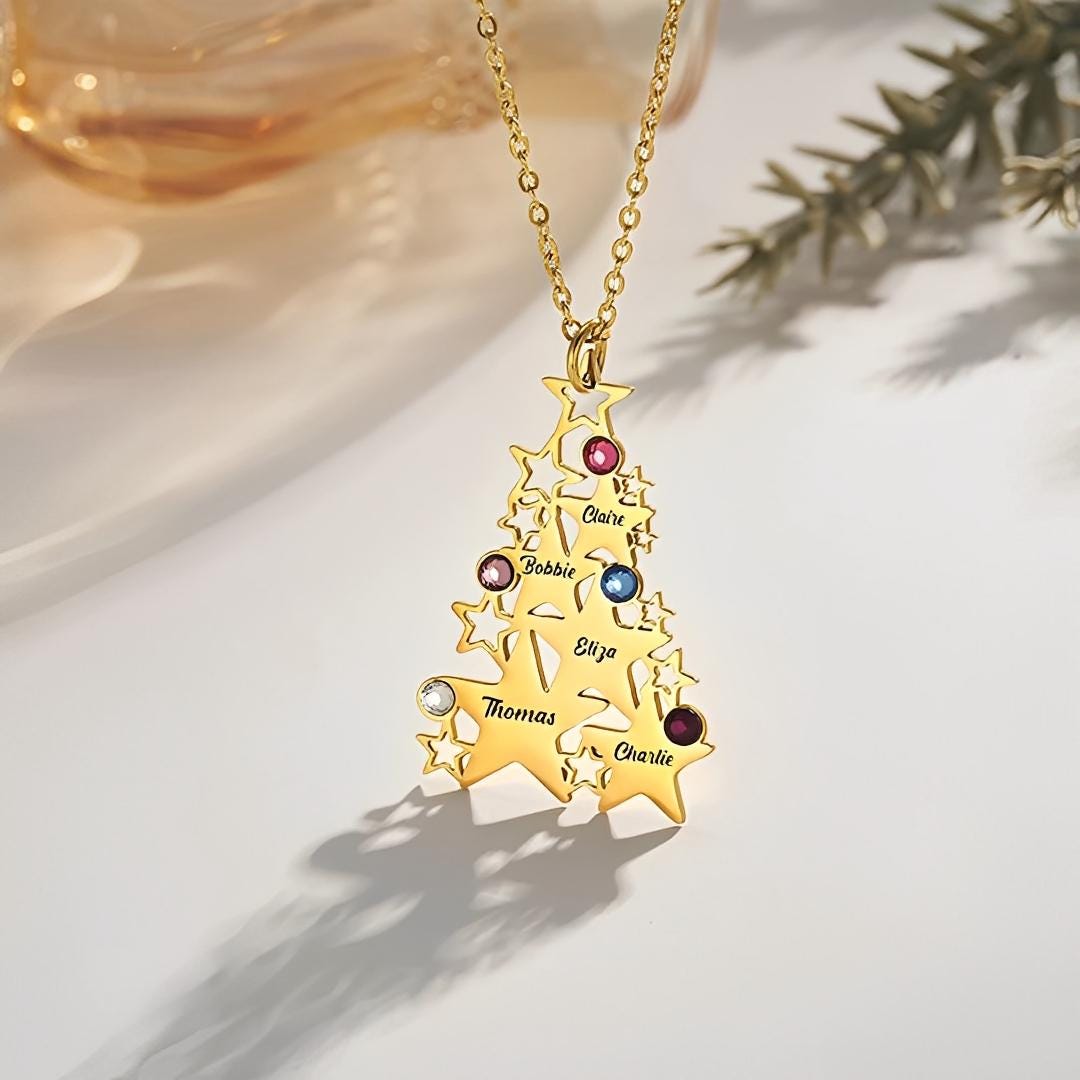 Custom Christmas Tree Necklace with Birthstones & Names