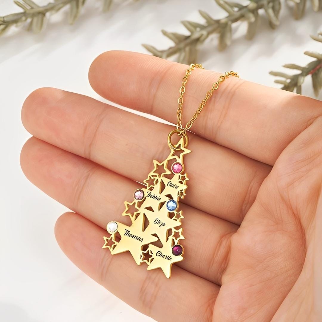 Custom Christmas Tree Necklace with Birthstones & Names