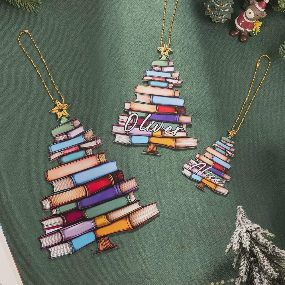 Individuell gestalteter Bücherbaumschmuck mit Namen, personalisierte Acryl-Weihnachtsdekoration für Bücherregale, Geschenk für Bücherliebhaber, Bibliothekare und Leseratten