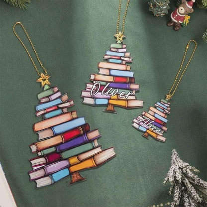 Individuell gestalteter Bücherbaumschmuck mit Namen, personalisierte Acryl-Weihnachtsdekoration für Bücherregale, Geschenk für Bücherliebhaber, Bibliothekare und Leseratten