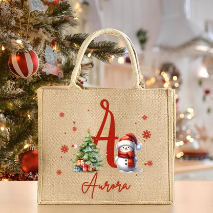Christmas Snowman Tote Bag with Name & Letter