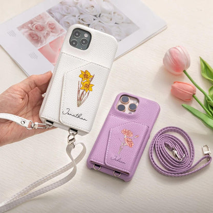 Birthflower Crossbody Leather Phone Case with Card Holder