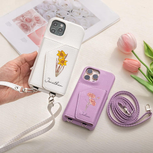 Birthflower Crossbody Leather Phone Case with Card Holder