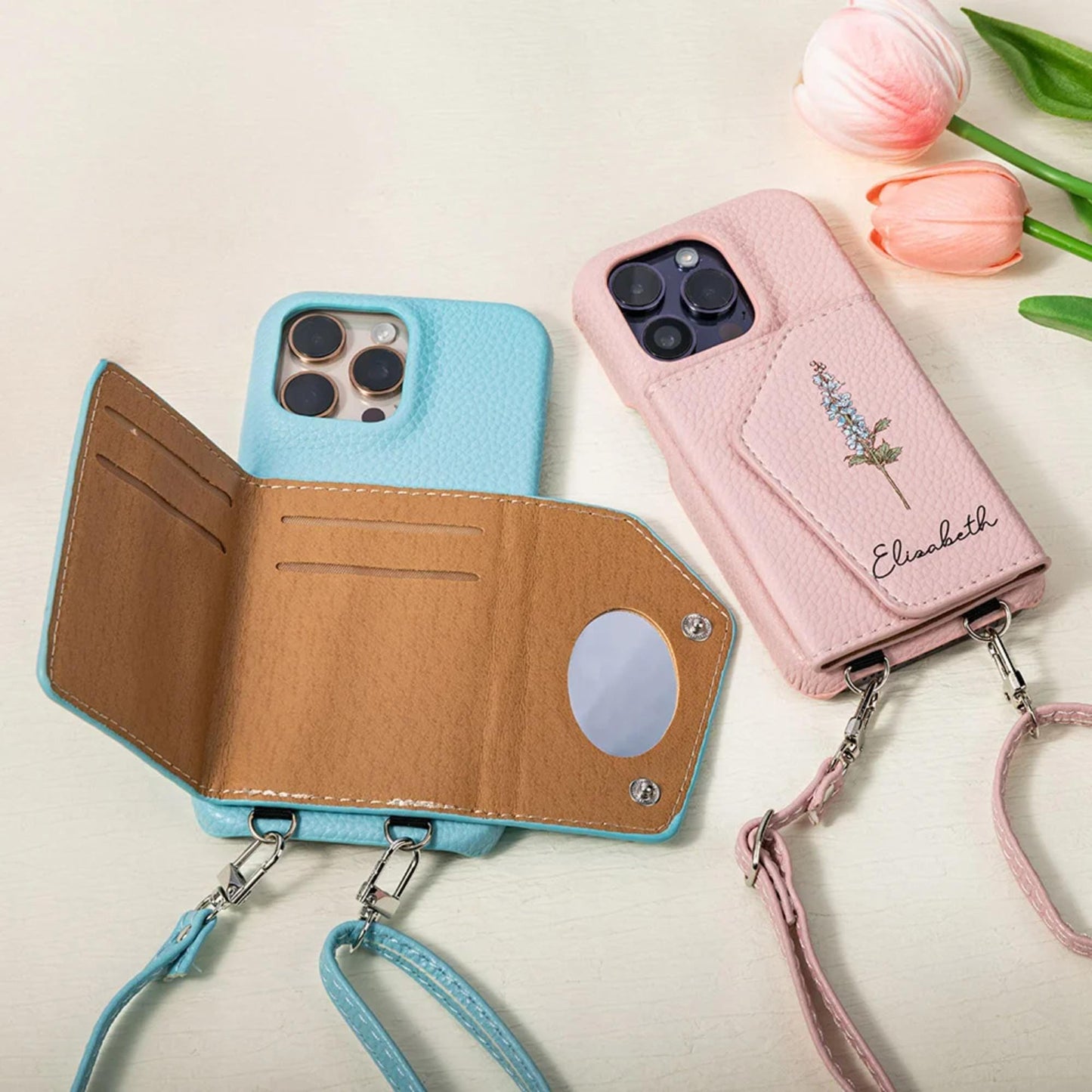 Birthflower Crossbody Leather Phone Case with Card Holder
