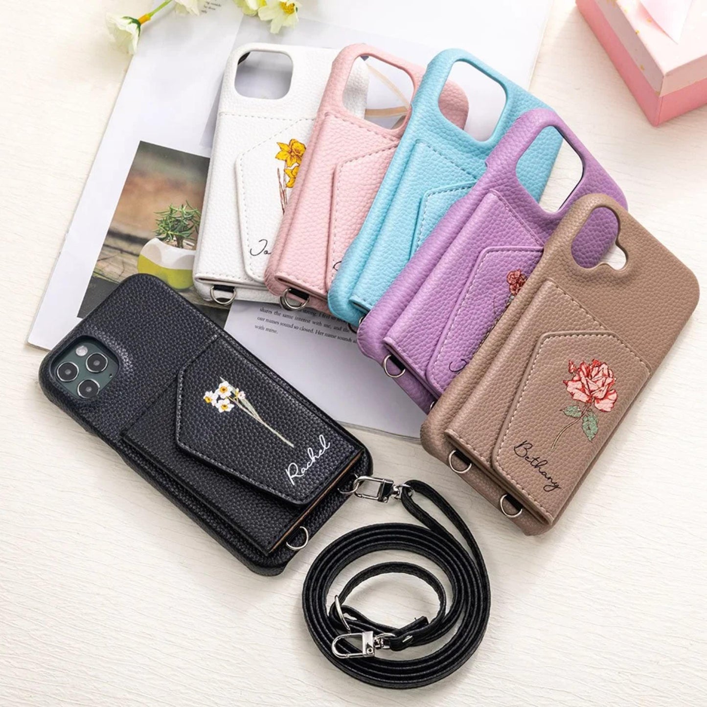 Birthflower Crossbody Leather Phone Case with Card Holder