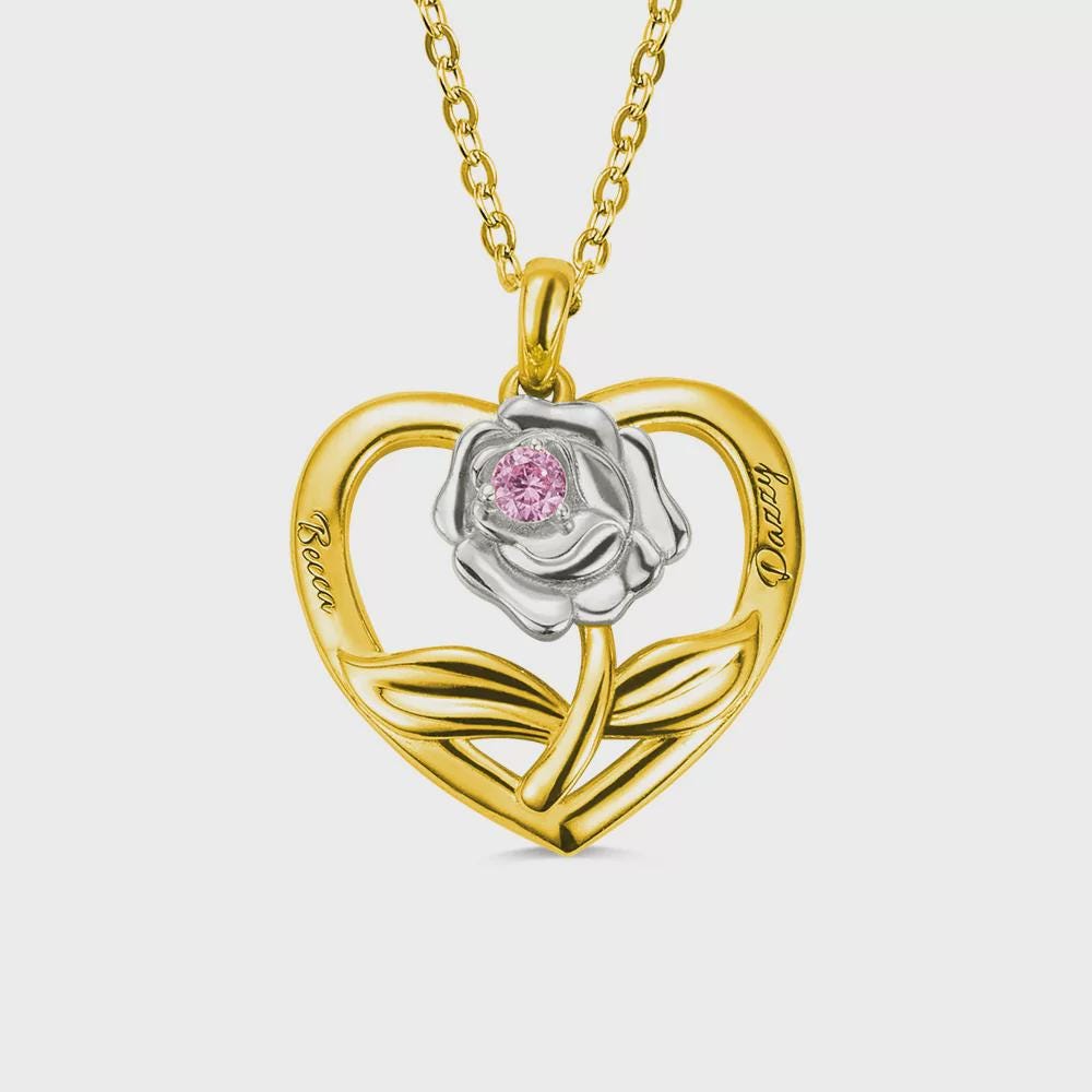 Custom Rose Heart Necklace with Birthstone