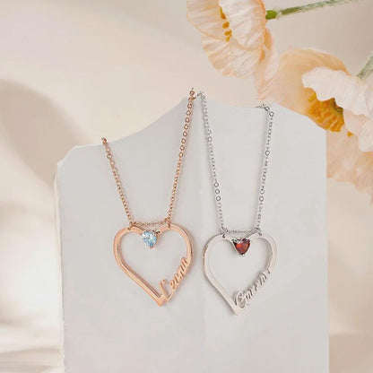 Custom Name Heart Necklace with Birthstone, Ring Holder Necklace