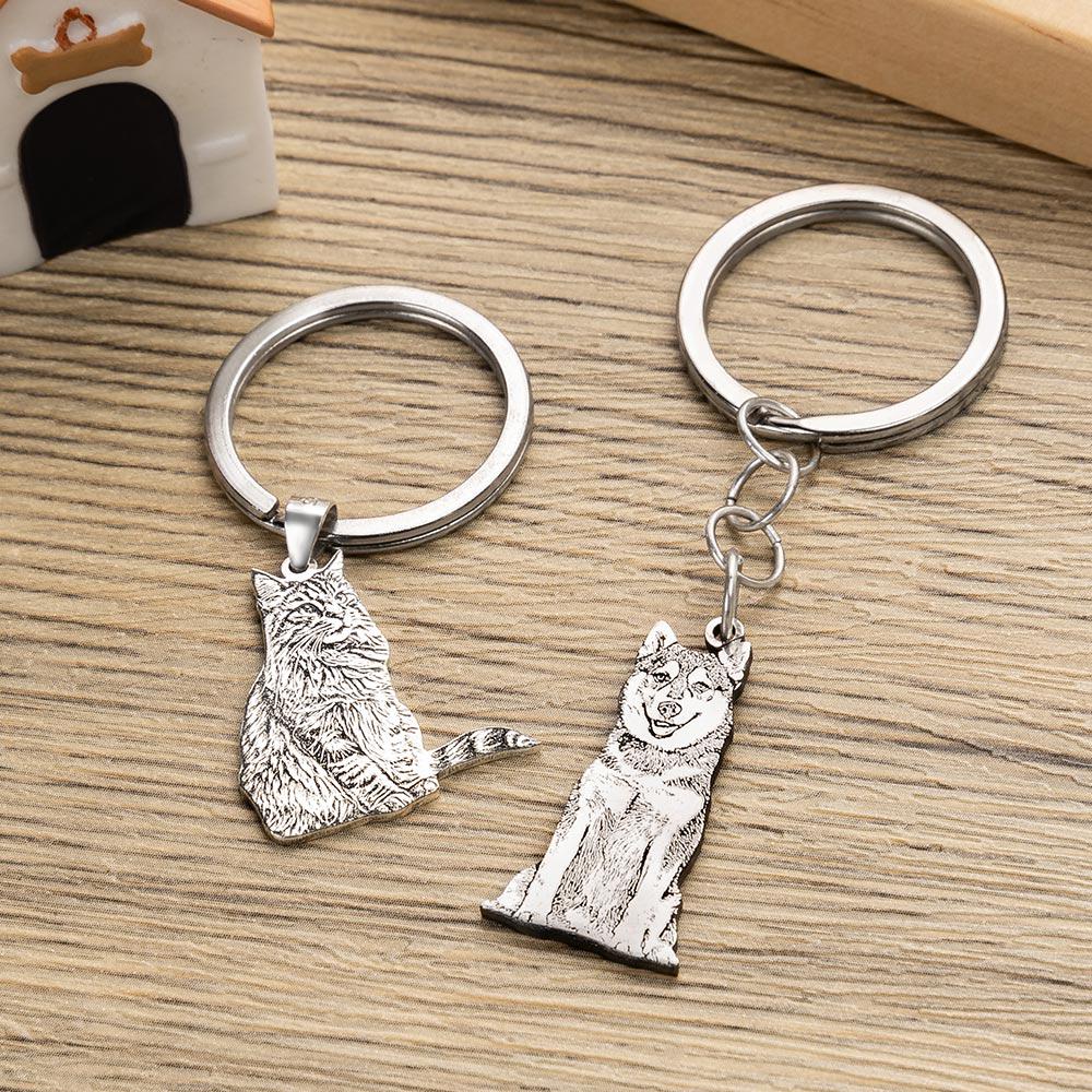 Custom Pet Portrait Keychain, Personalized Engraved Silver Keyring Keepsake
