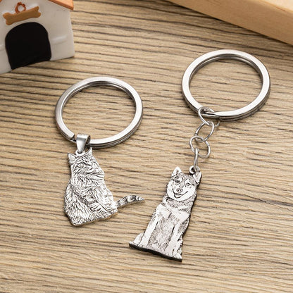 Custom Pet Portrait Keychain, Personalized Engraved Silver Keyring Keepsake