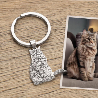 Custom Pet Portrait Keychain, Personalized Engraved Silver Keyring Keepsake