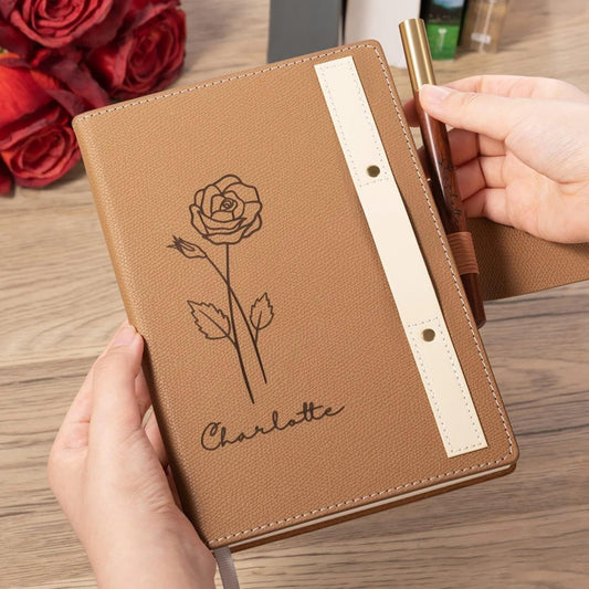 Outline Birth Flower Notebook with Engraved Name & Wooden Pen