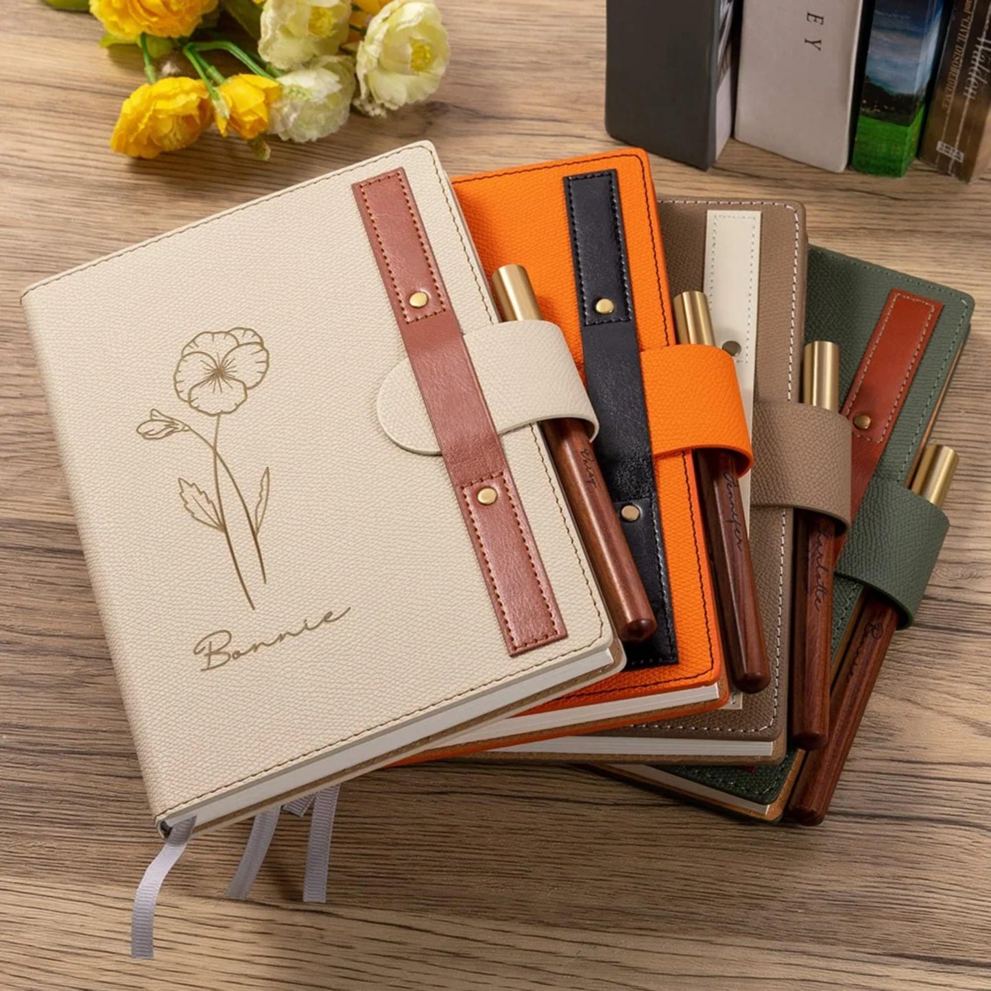Outline Birth Flower Notebook with Engraved Name & Wooden Pen
