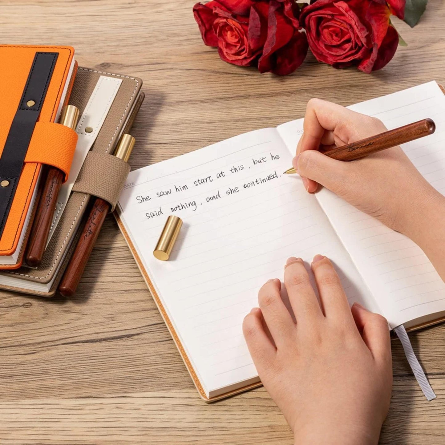 Outline Birth Flower Notebook with Engraved Name & Wooden Pen