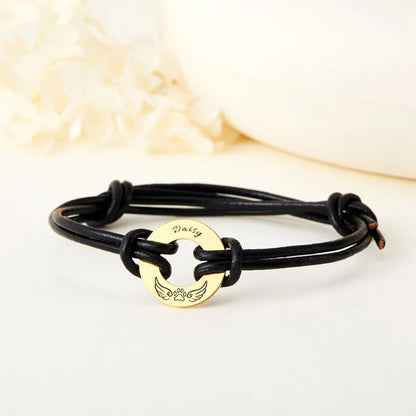 Pet Name Paw Print with Angel Wings Rope Bracelet