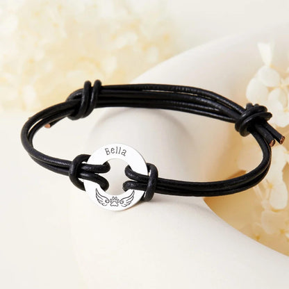 Pet Name Paw Print with Angel Wings Rope Bracelet
