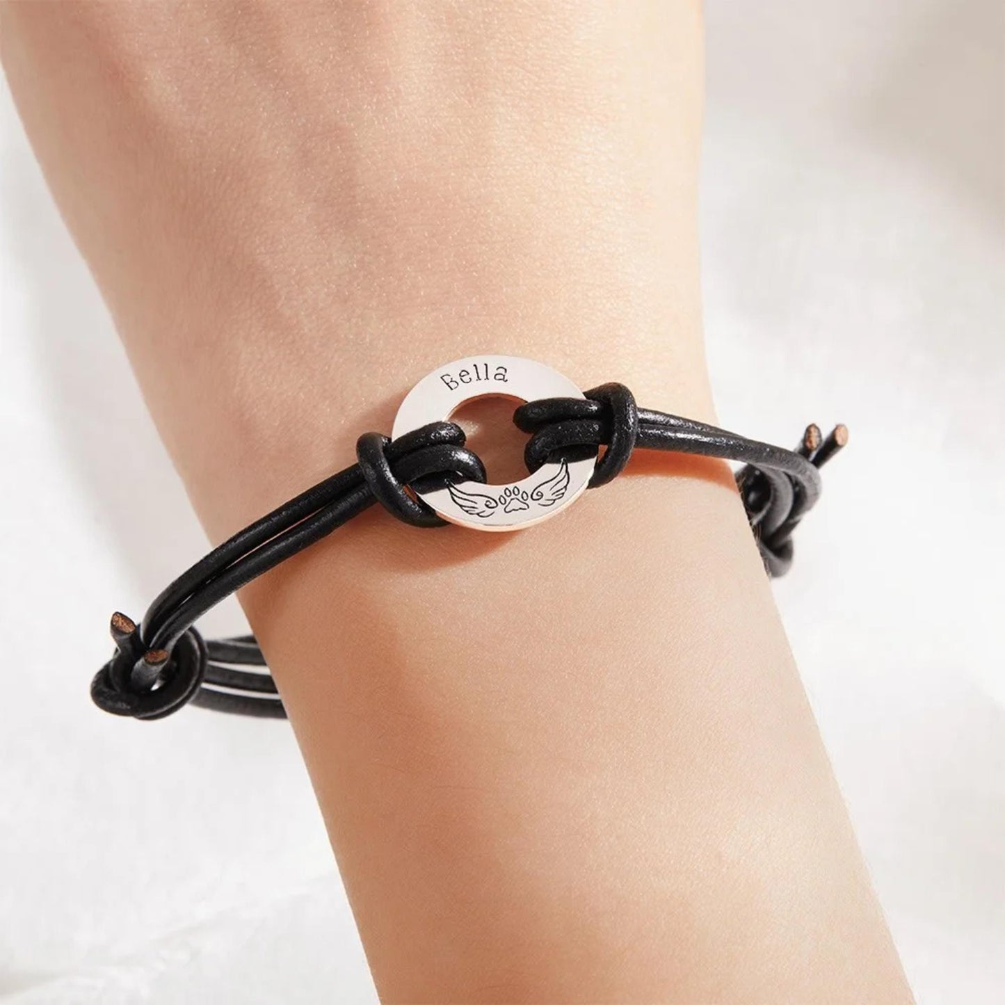 Pet Name Paw Print with Angel Wings Rope Bracelet