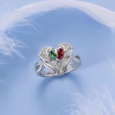 Custom Angel Wings Ring with Two Birthstones