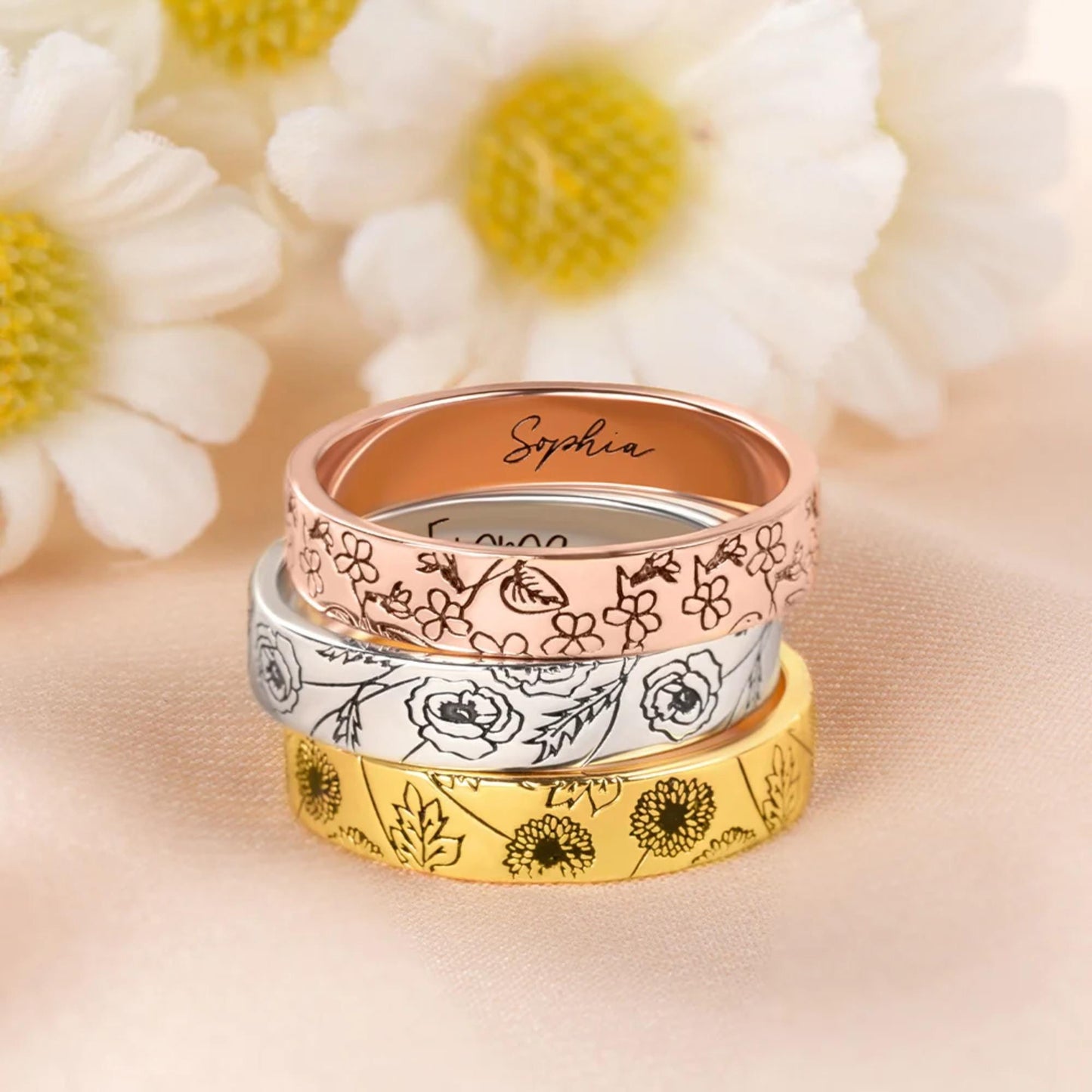 Custom Birth Flower Stacking Ring with Engraving