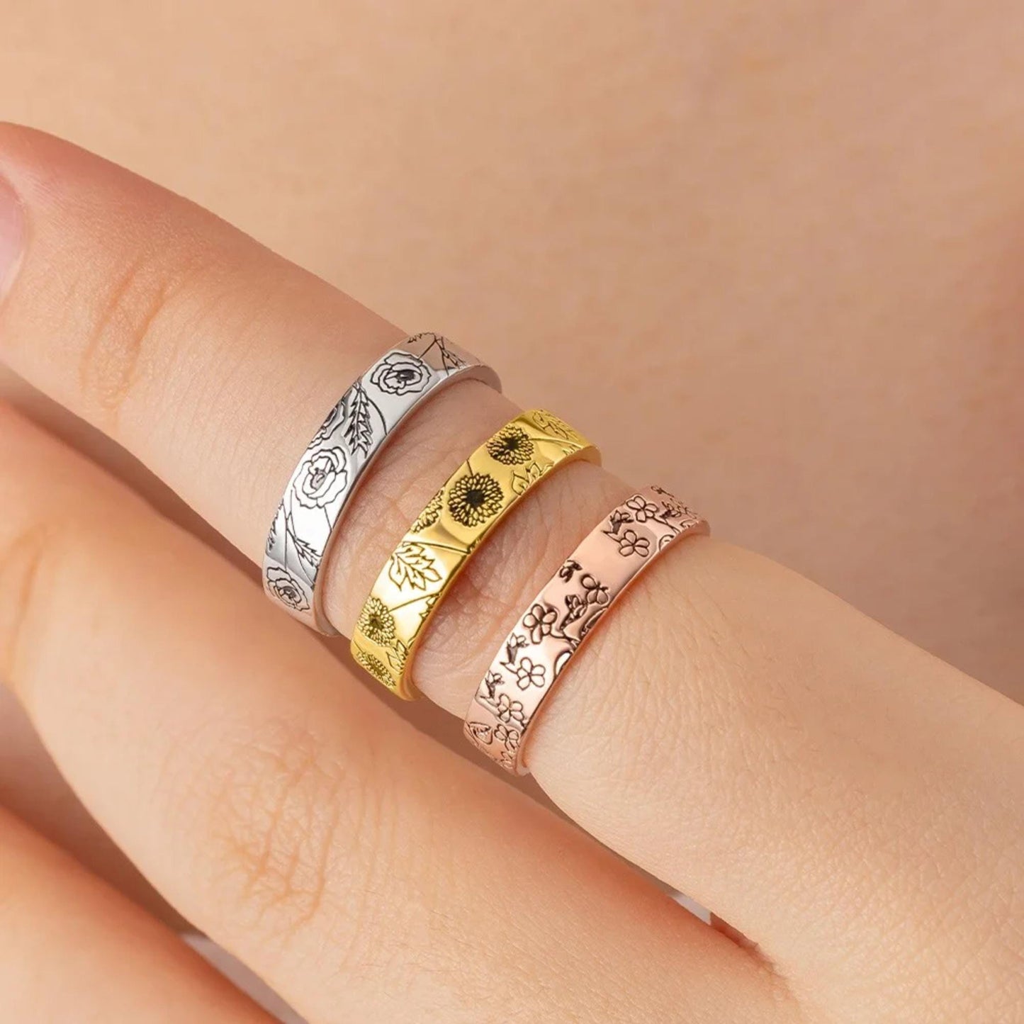 Custom Birth Flower Stacking Ring with Engraving