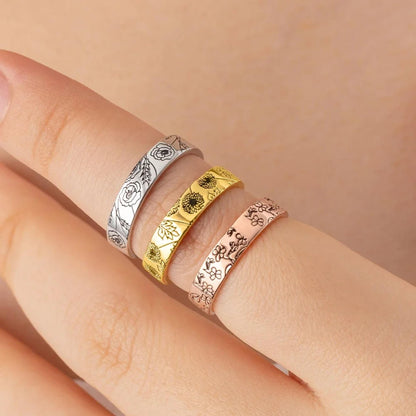 Custom Birth Flower Stacking Ring with Engraving