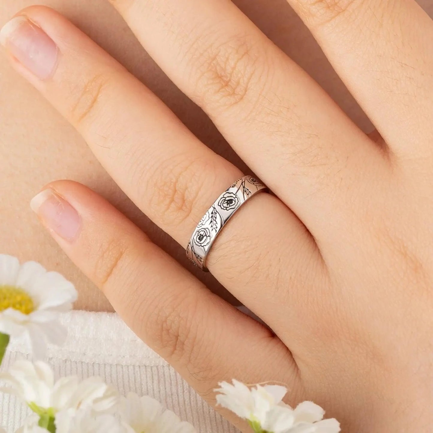 Custom Birth Flower Stacking Ring with Engraving