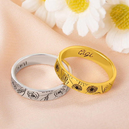 Custom Birth Flower Stacking Ring with Engraving