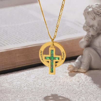 Circle Family Cross Necklace with Birthstone & Names