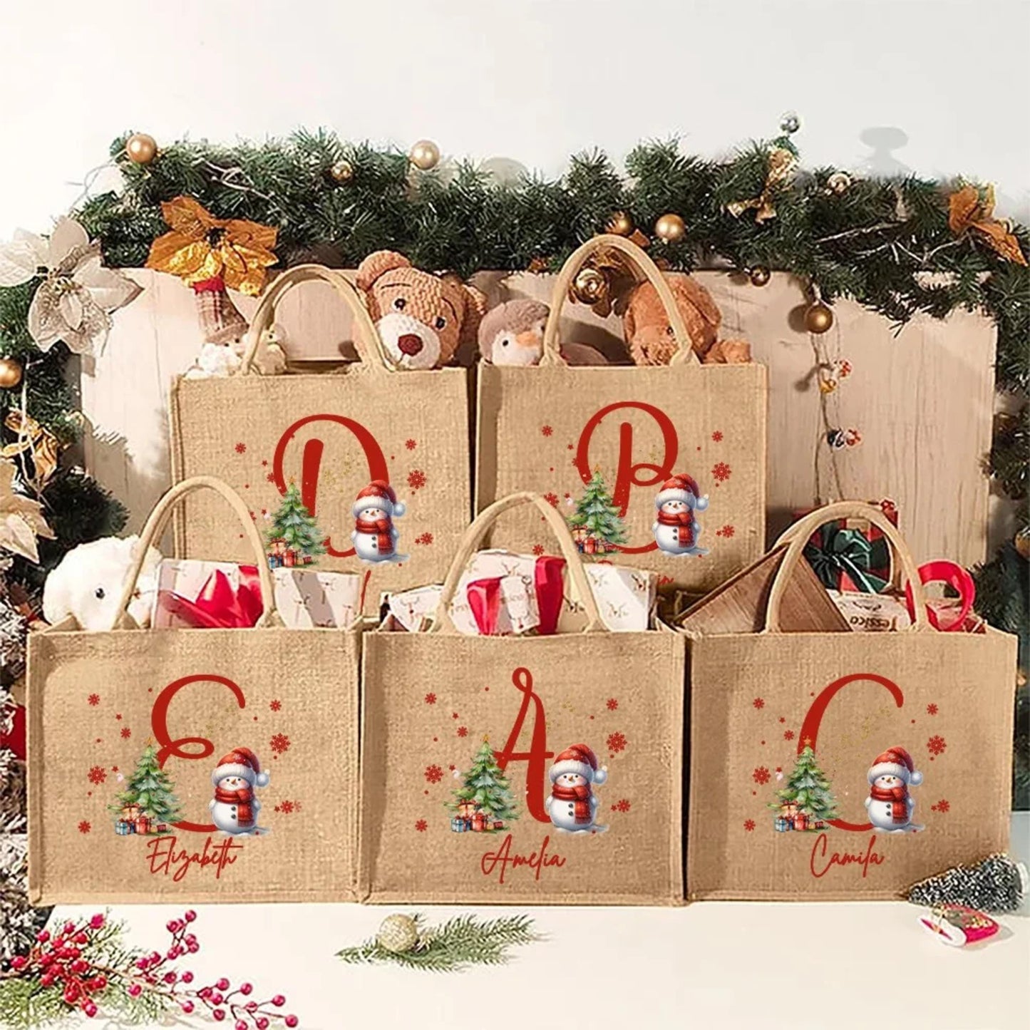 Christmas Snowman Tote Bag with Name & Letter