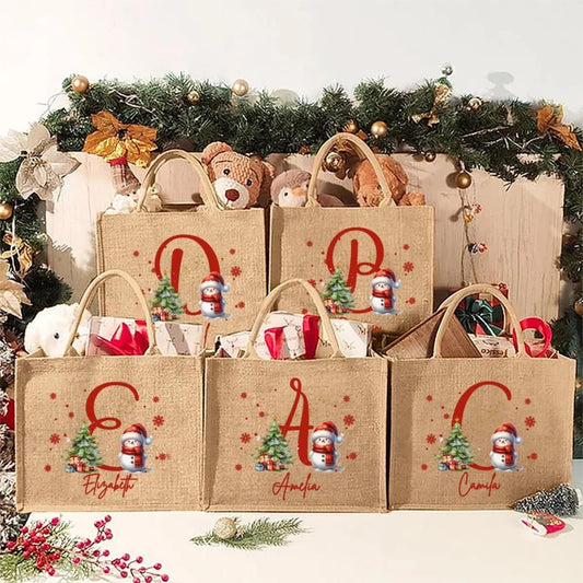 Christmas Snowman Tote Bag with Name & Letter