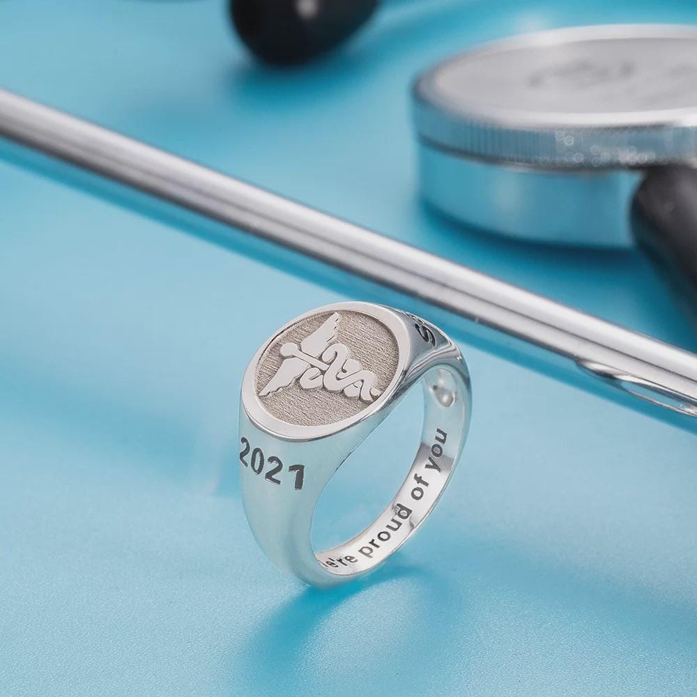 Custom Caduceus Medical Ring, Personalized Doctor or Nurse Signet Ring