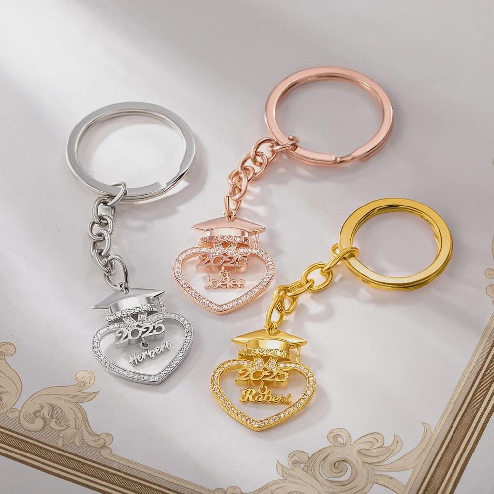 Custom Graduation Cap Keychain with Heart & Name