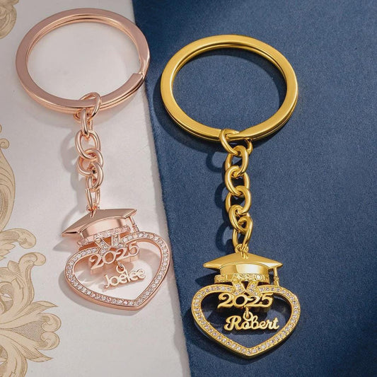 Custom Graduation Cap Keychain with Heart & Name