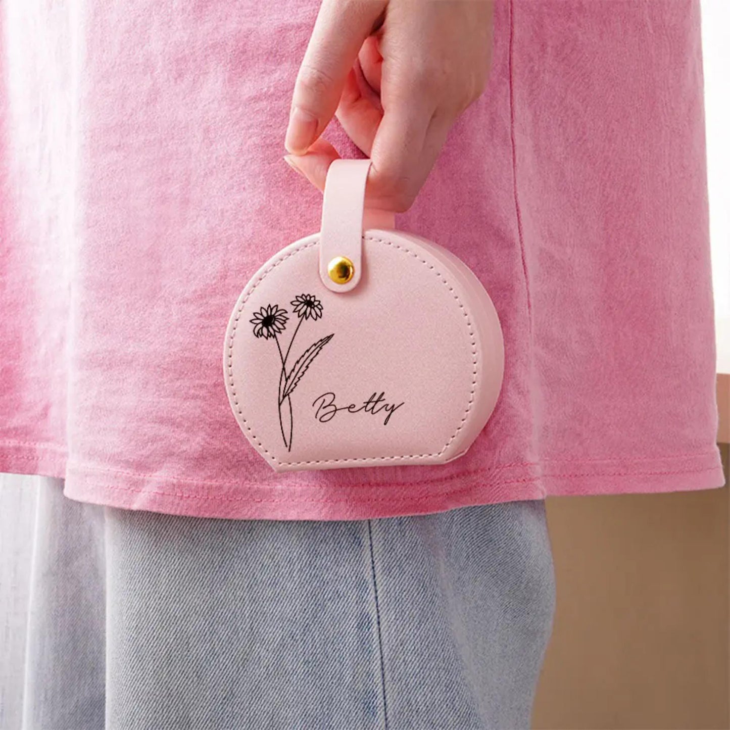 Personalisierte Schmucktasche mit Geburtsblume und Namen | Individuell gestaltete Reisetasche mit Blumenmuster für Damen | Geschenk zum Geburtstag, zur Hochzeit oder zum Jahrestag