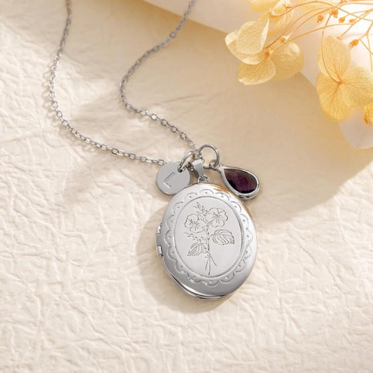 Custom Locket Necklace with Birth Flower & Birthstone