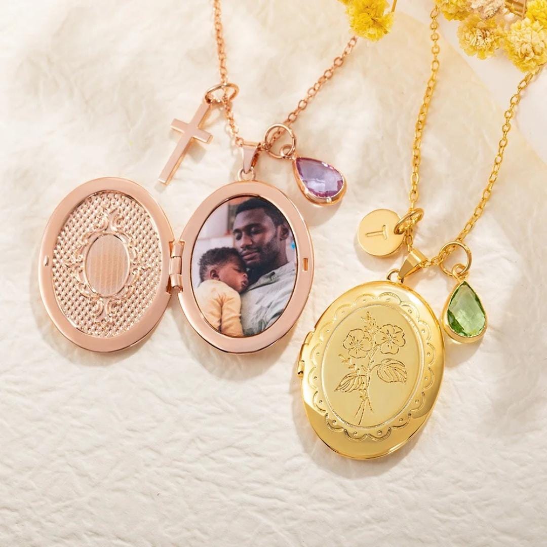 Custom Locket Necklace with Birth Flower & Birthstone
