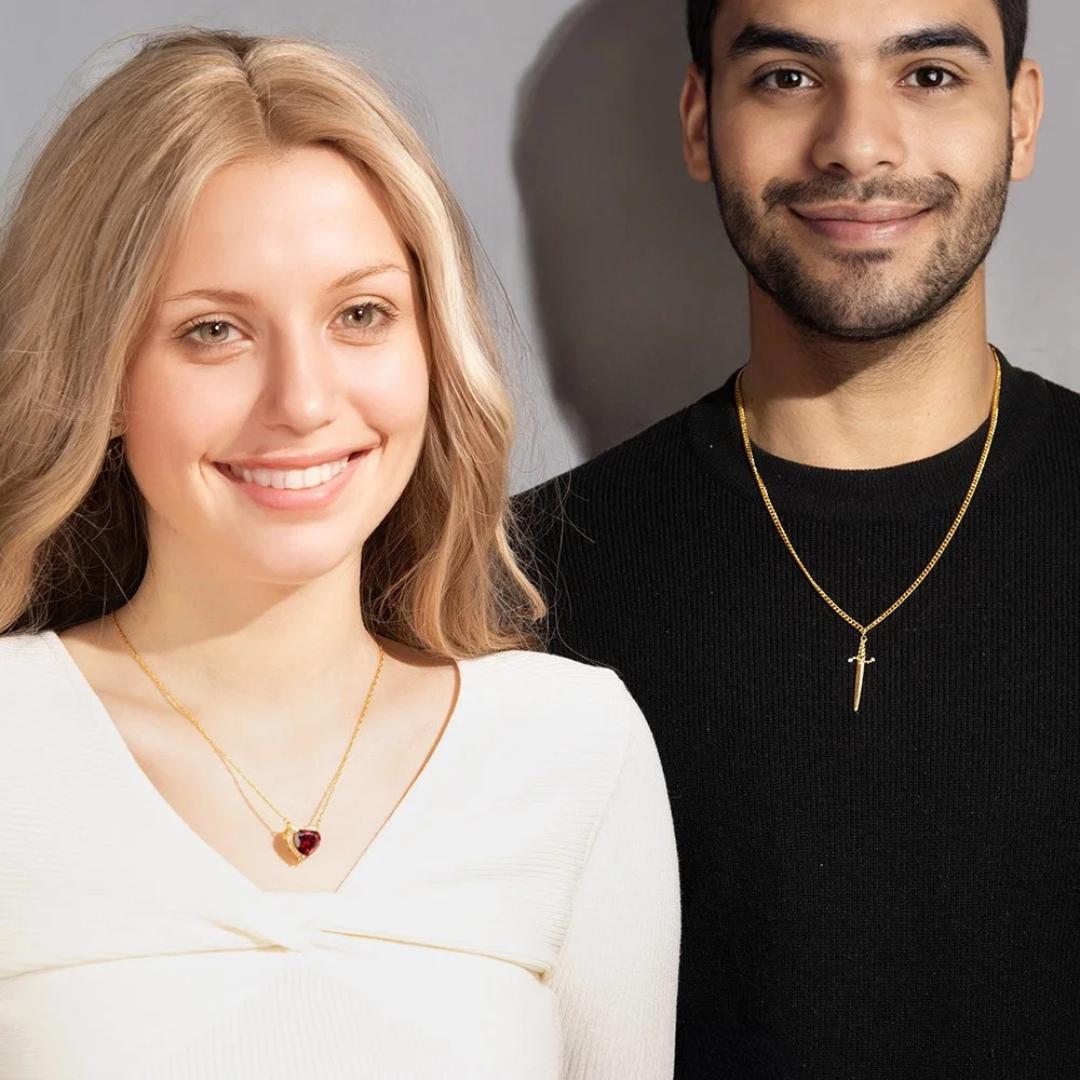 Custom Heart & Sword Necklace Set for Couples
