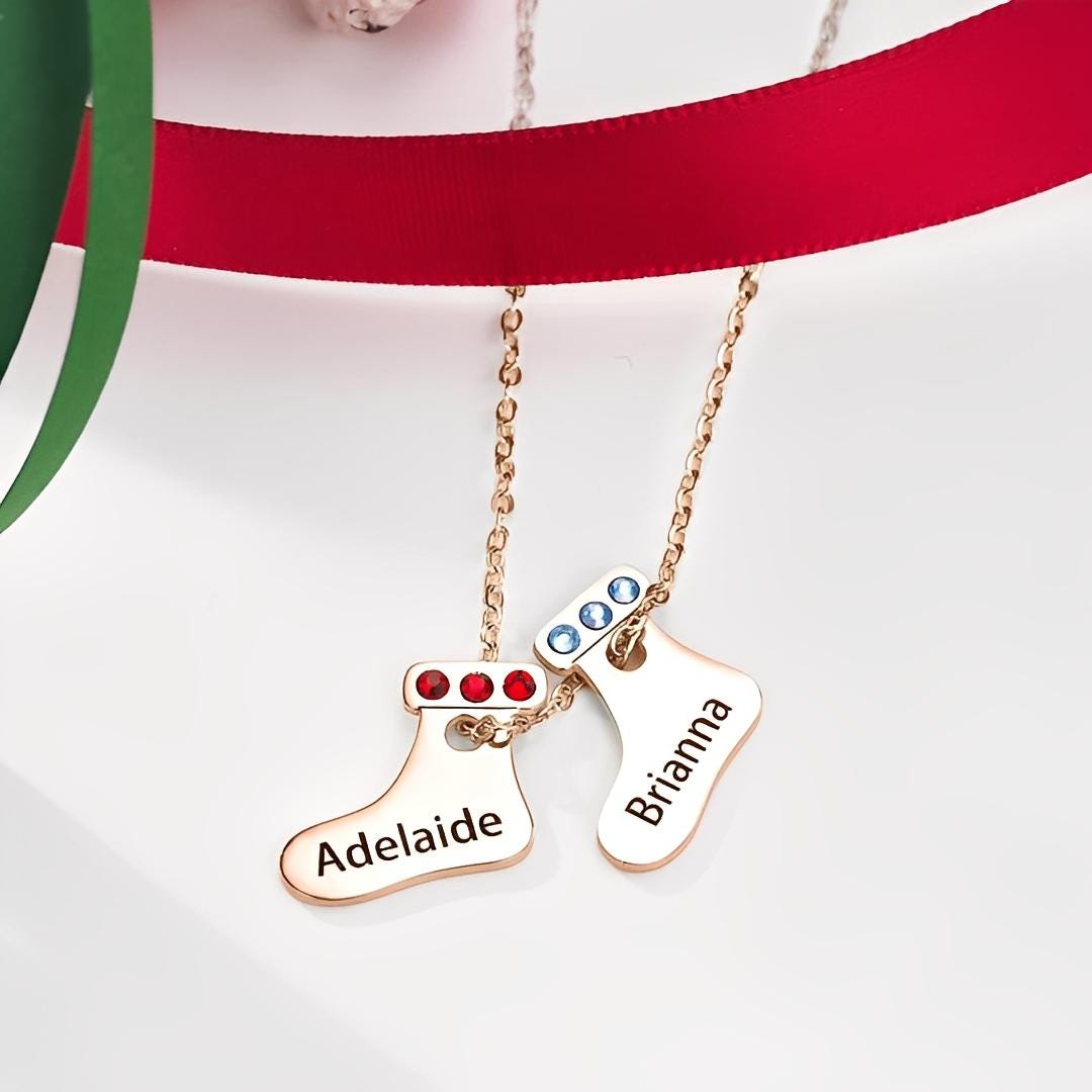 Custom Holiday Stocking Charms Necklace with Birthstone & Name