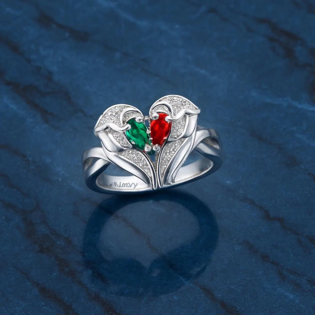 Custom Angel Wings Ring with Two Birthstones