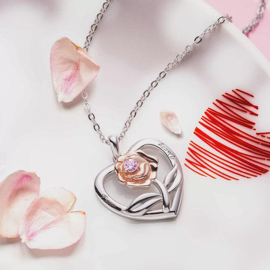 Custom Rose Heart Necklace with Birthstone