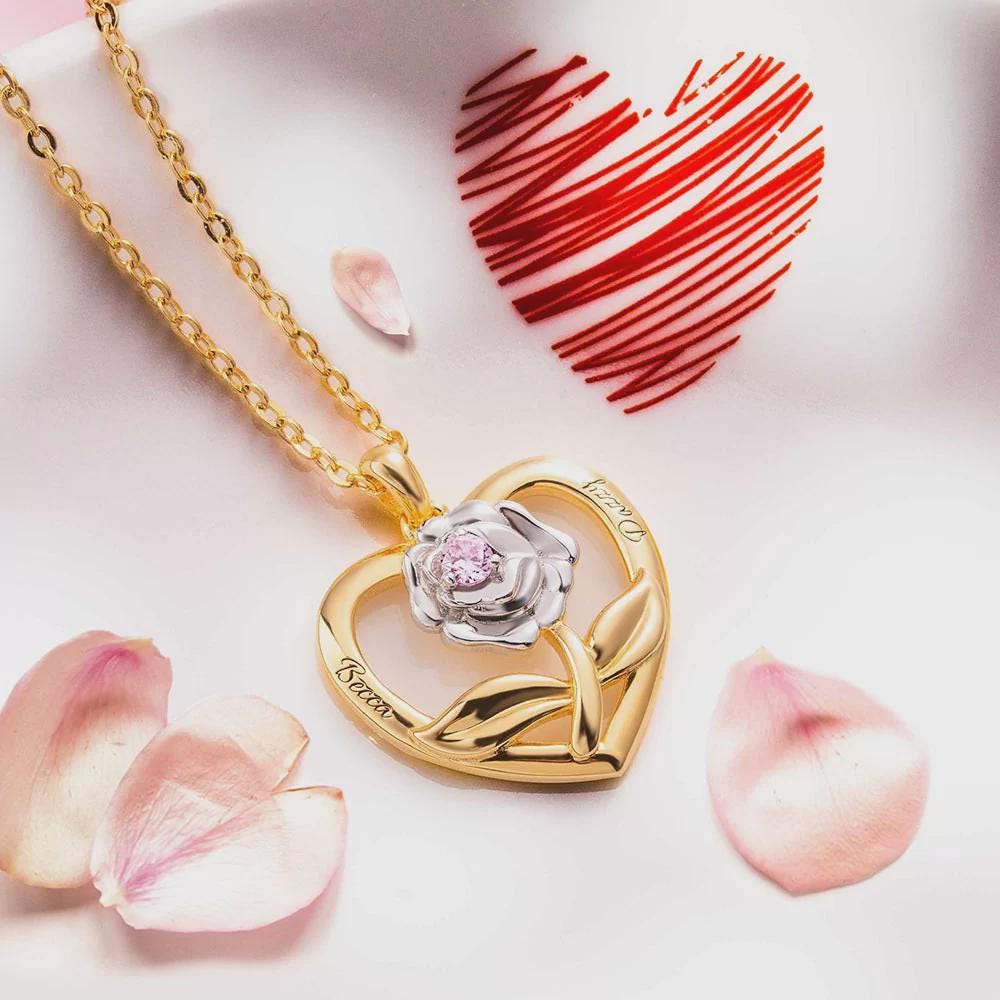Custom Rose Heart Necklace with Birthstone
