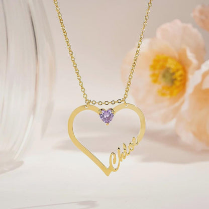 Custom Name Heart Necklace with Birthstone, Ring Holder Necklace