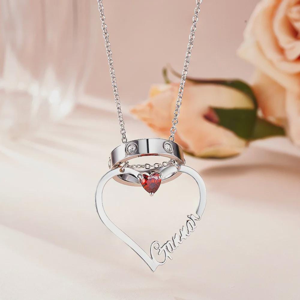 Custom Name Heart Necklace with Birthstone, Ring Holder Necklace