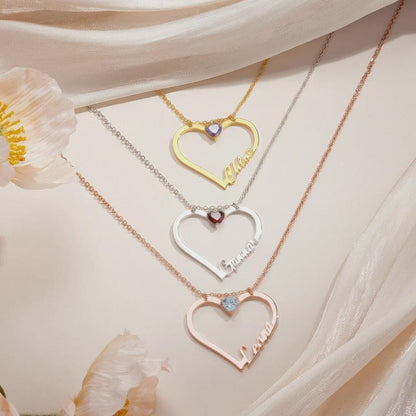 Custom Name Heart Necklace with Birthstone, Ring Holder Necklace