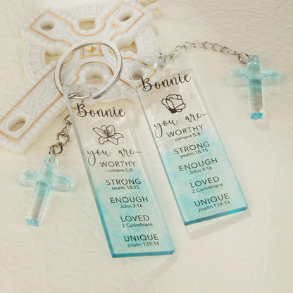 Personalisiertes Bibel-Lesezeichen oder Schlüsselanhänger mit Kreuzanhänger, individueller christlicher Schlüsselanhänger/Lesezeichen, Tauf- oder Weihnachtsgeschenk für Frauen und Mädchen