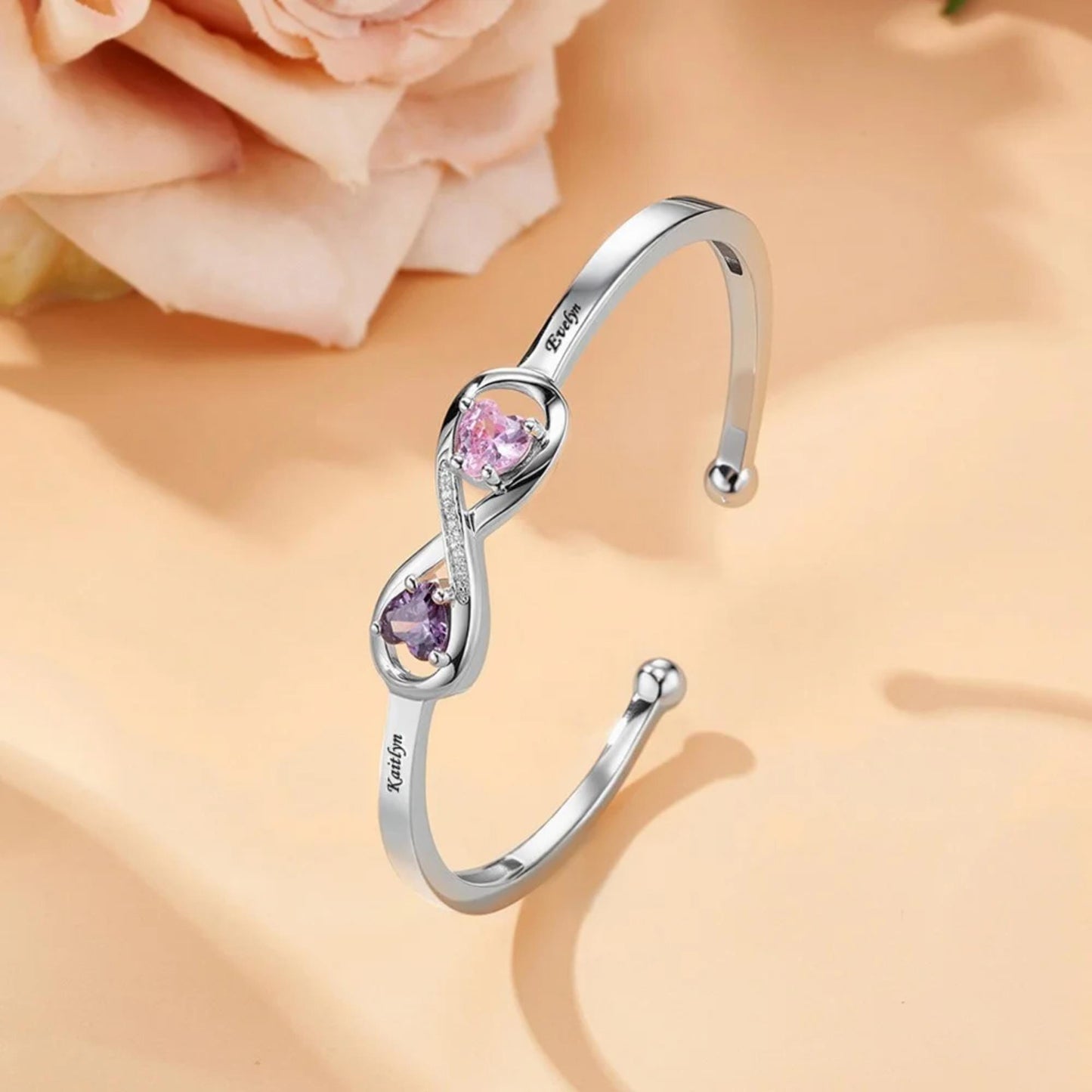 Custom Infinity Bangle with Heart Birthstones
